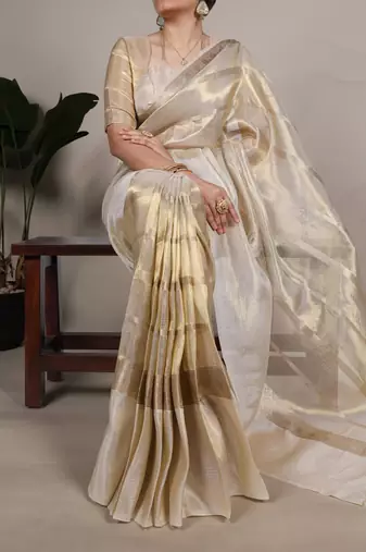 Beige tissue woven saree with zari work