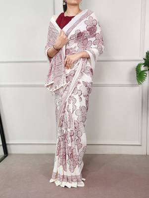 White fabric of saree printed saree with floral print 1