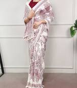 White fabric of saree printed saree with floral print