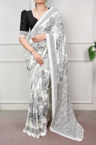 White fabric of saree printed saree with floral print