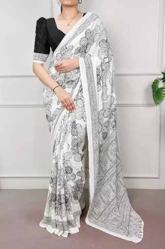 White fabric of saree printed saree with floral print