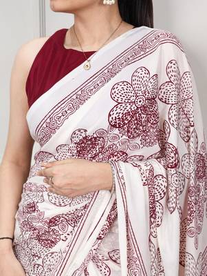 White fabric of saree printed saree with floral print 3