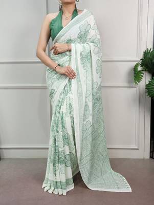 White fabric of saree printed saree with floral print 1