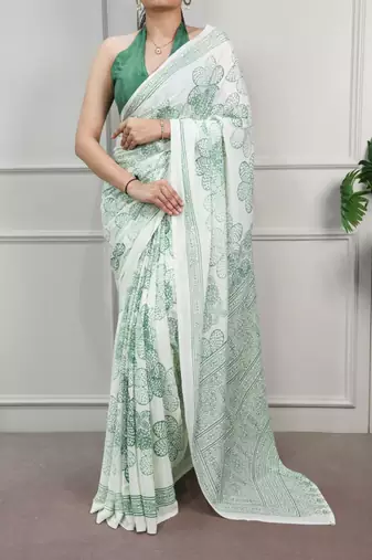 White fabric of saree printed saree with floral print