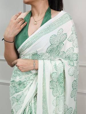 White fabric of saree printed saree with floral print 2