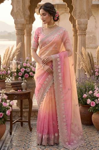 Pink silk blend embroidered saree with sequins work