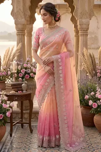 Pink silk blend embroidered saree with sequins work