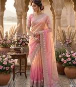 Pink silk blend embroidered saree with sequins work