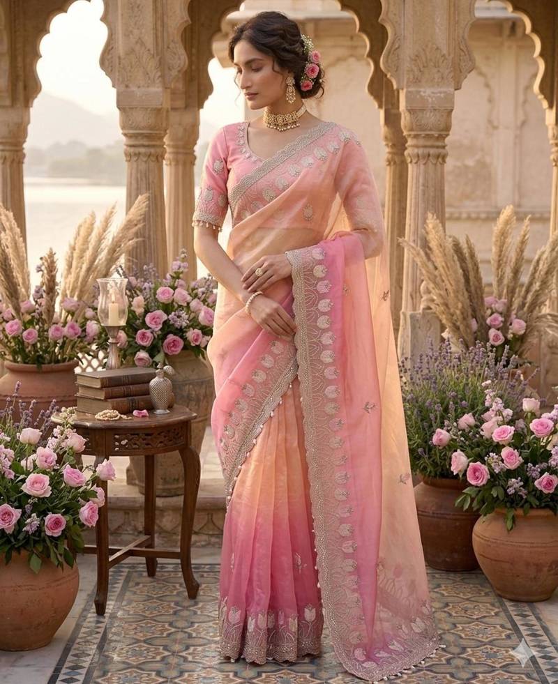 Pink silk blend embroidered saree with sequins work