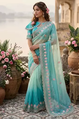 Sea green silk blend embroidered saree with sequins work