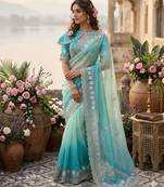 Sea green silk blend embroidered saree with sequins work