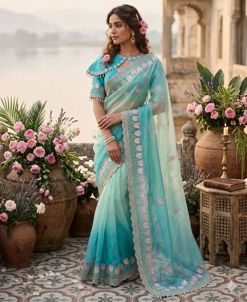Sea green silk blend embroidered saree with sequins work