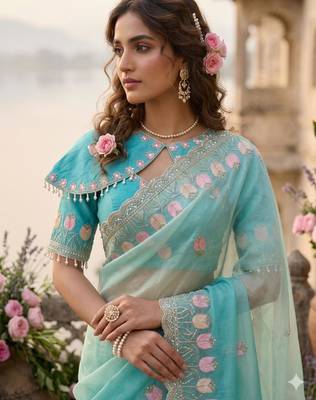 Sea green silk blend embroidered saree with sequins work 2