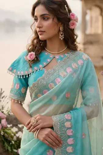Sea green silk blend embroidered saree with sequins work