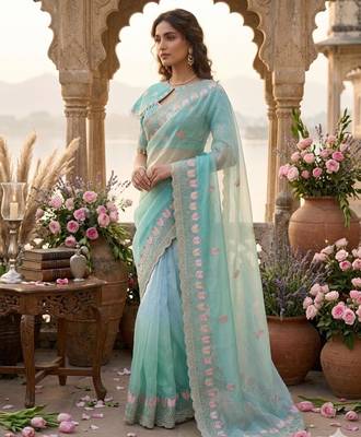 Sea green silk blend embroidered saree with sequins work 3