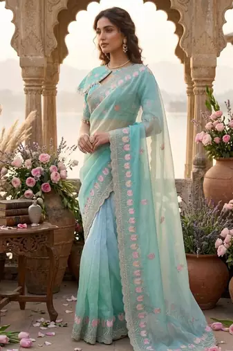 Sea green silk blend embroidered saree with sequins work