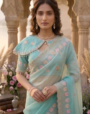 Sea green silk blend embroidered saree with sequins work 4