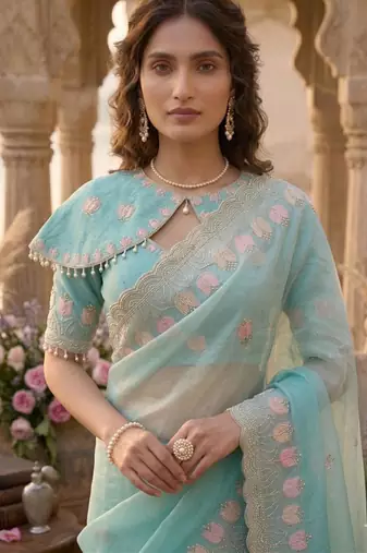 Sea green silk blend embroidered saree with sequins work