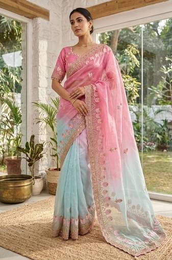 Pink silk blend embroidered saree with sequins work