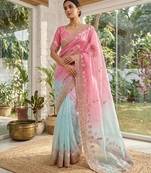 Pink silk blend embroidered saree with sequins work