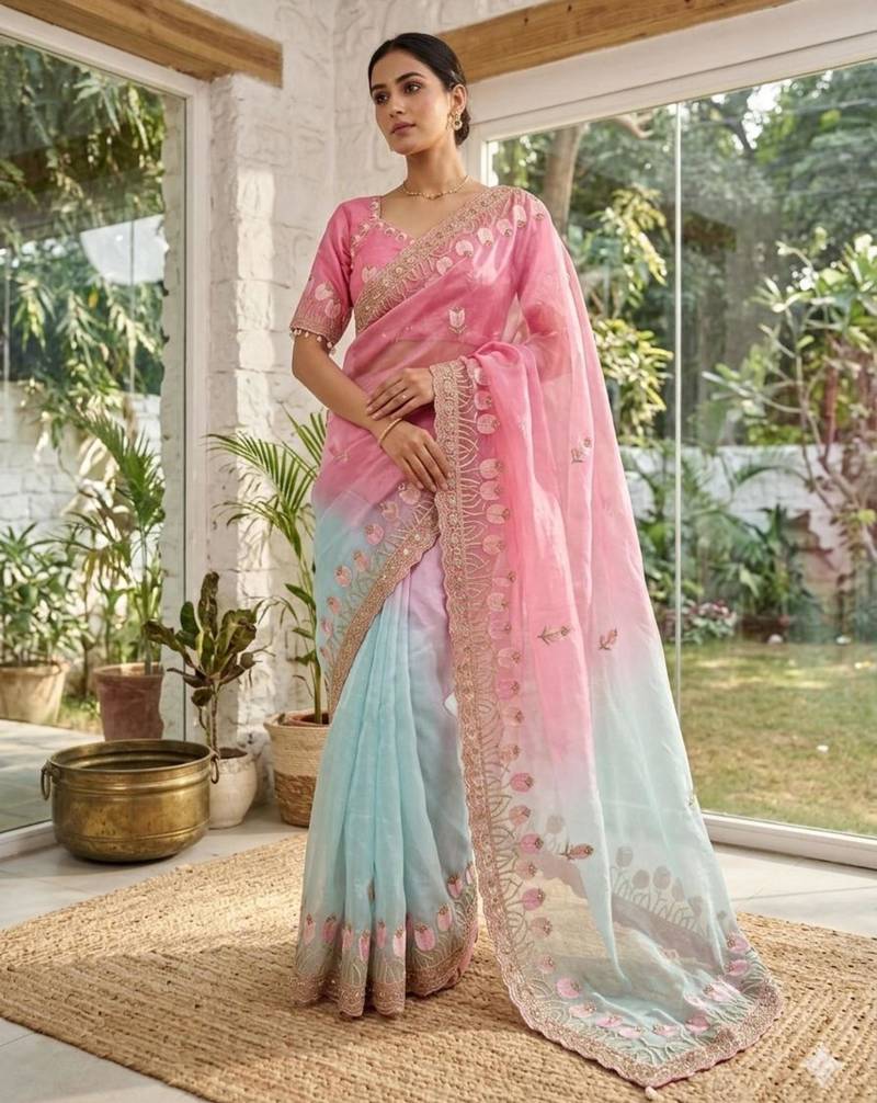 Pink silk blend embroidered saree with sequins work