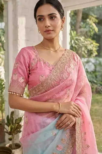 Pink silk blend embroidered saree with sequins work