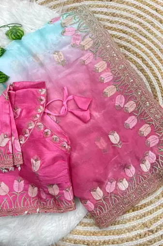Pink silk blend embroidered saree with sequins work