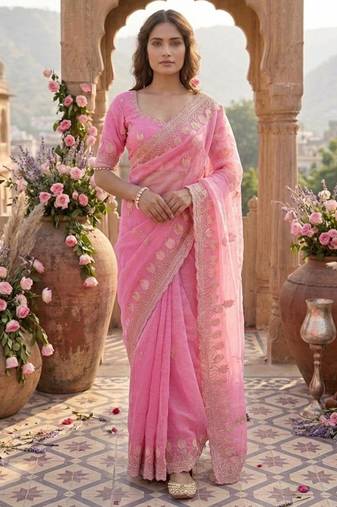 Pink silk blend embroidered saree with sequins work