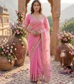 Pink silk blend embroidered saree with sequins work