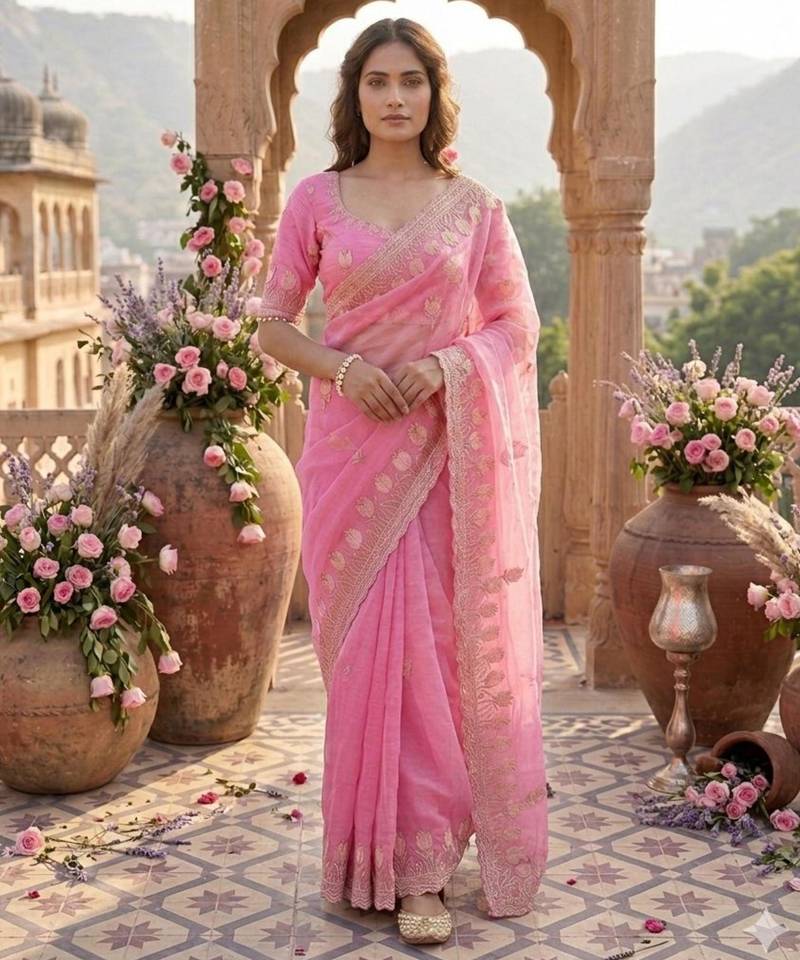 Pink silk blend embroidered saree with sequins work