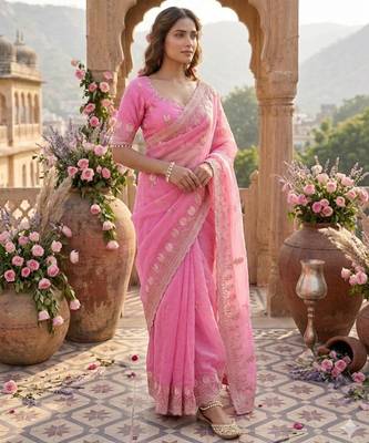 Pink silk blend embroidered saree with sequins work 2