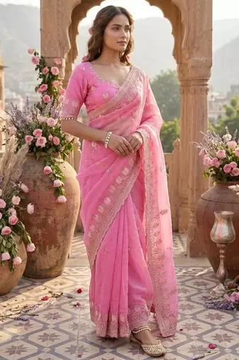 Pink silk blend embroidered saree with sequins work