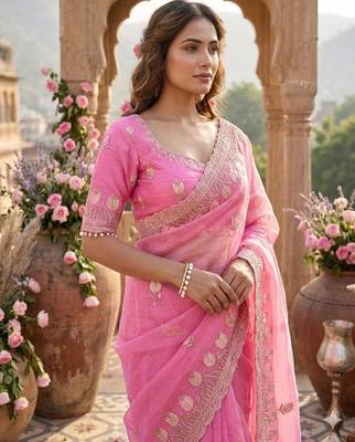 Pink silk blend embroidered saree with sequins work 3