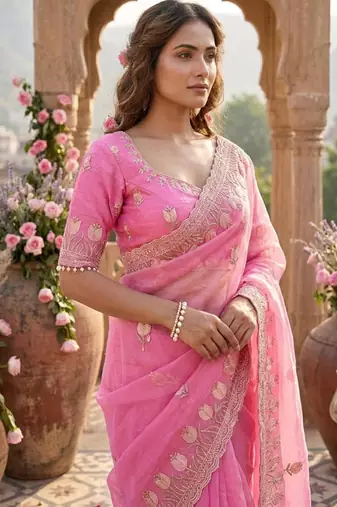 Pink silk blend embroidered saree with sequins work