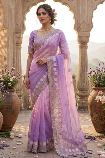 Purple silk blend embroidered saree with sequins work