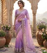 Purple silk blend embroidered saree with sequins work