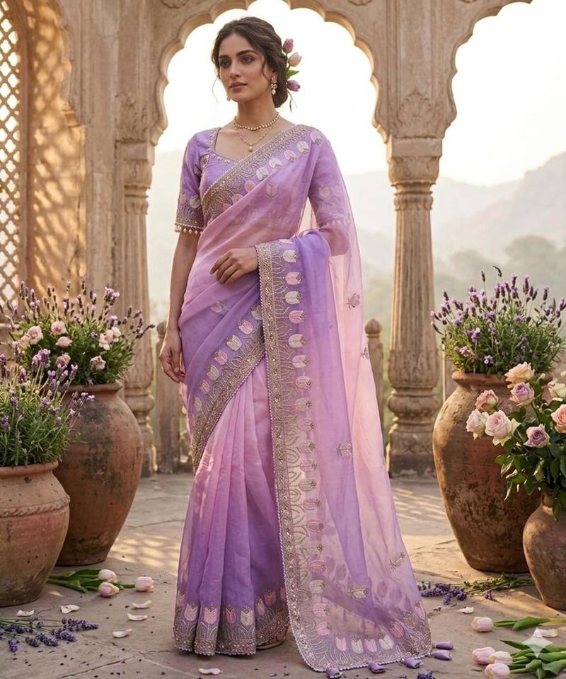 Purple silk blend embroidered saree with sequins work