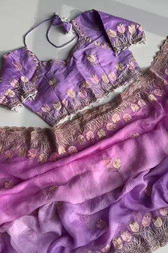 Purple silk blend embroidered saree with sequins work