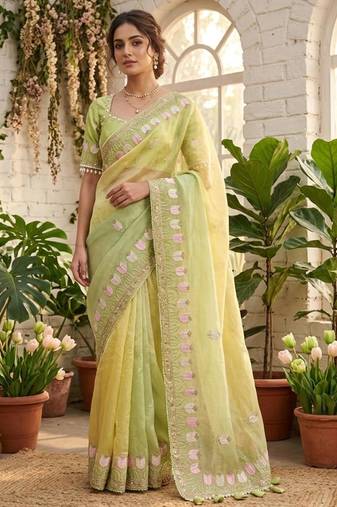 Parrot green silk blend embroidered saree with sequins work