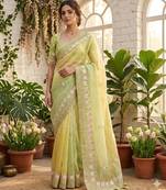 Parrot green silk blend embroidered saree with sequins work
