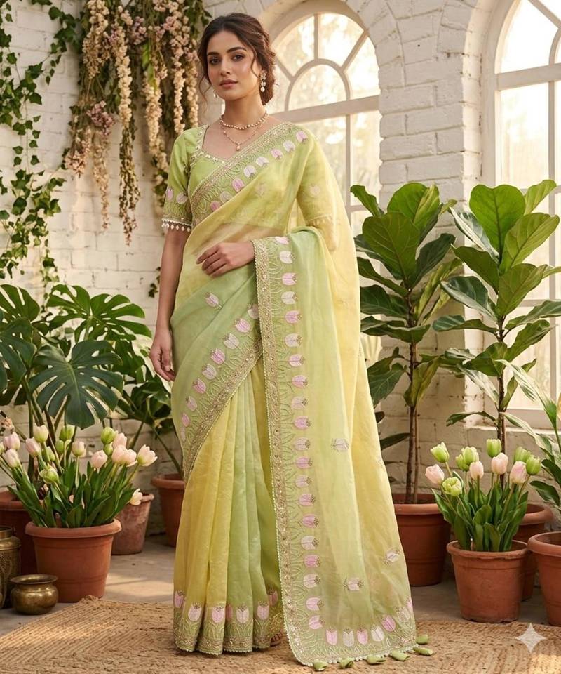 Parrot green silk blend embroidered saree with sequins work