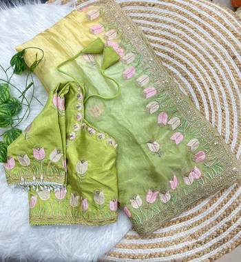 Parrot green silk blend embroidered saree with sequins work 2