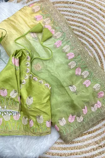 Parrot green silk blend embroidered saree with sequins work