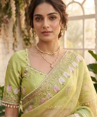 Parrot green silk blend embroidered saree with sequins work 3