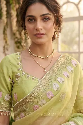 Parrot green silk blend embroidered saree with sequins work