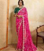 Pink georgette printed saree with zari work
