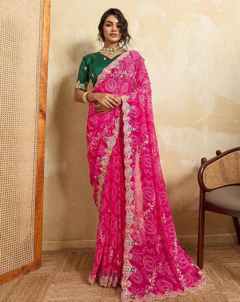 Pink georgette printed saree with zari work