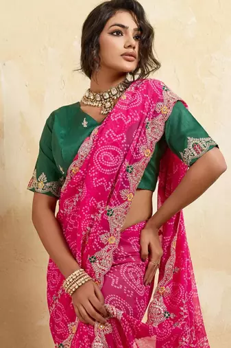 Pink georgette printed saree with zari work