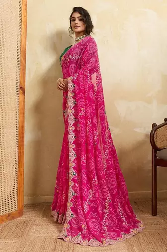 Pink georgette printed saree with zari work