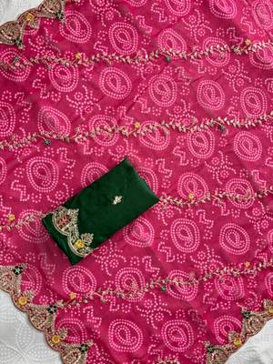Pink georgette printed saree with zari work 4
